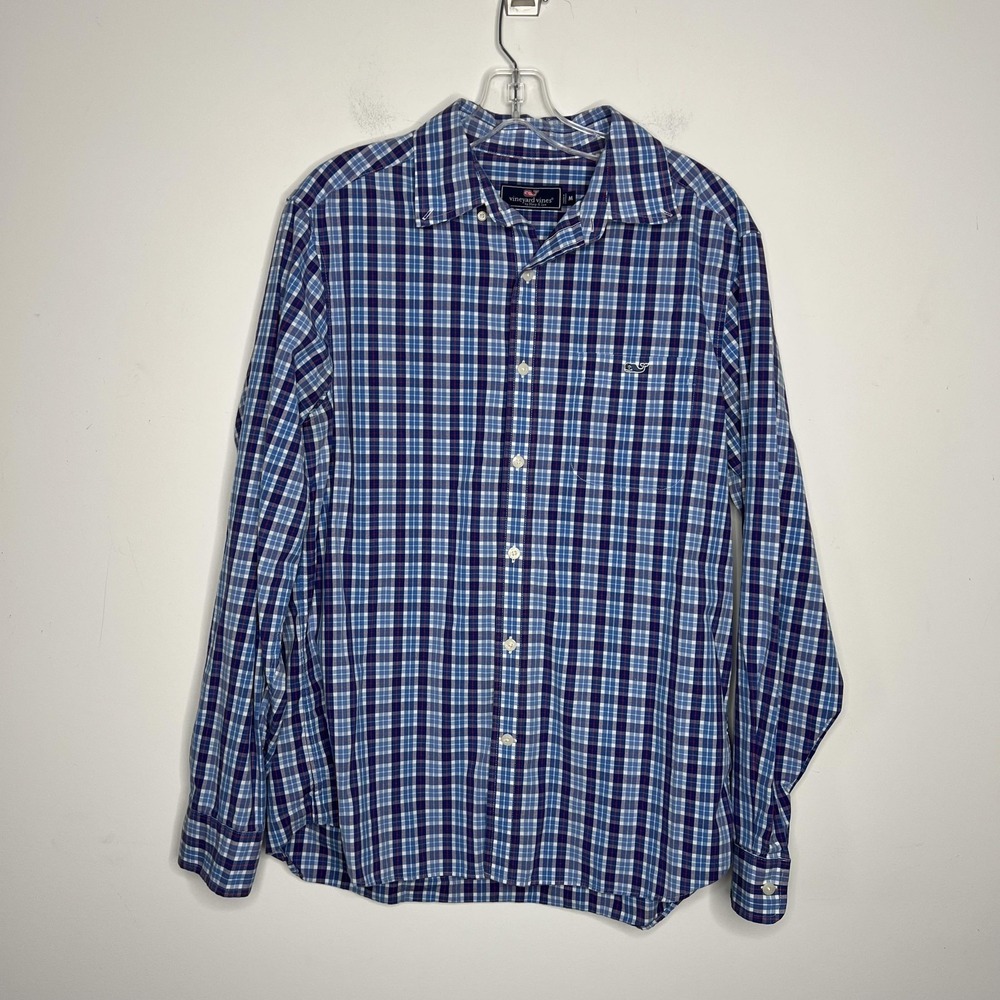 Vineyard Vines Shirt Mens Medium Blue Check Button Down Whale Logo Long Sleeve
